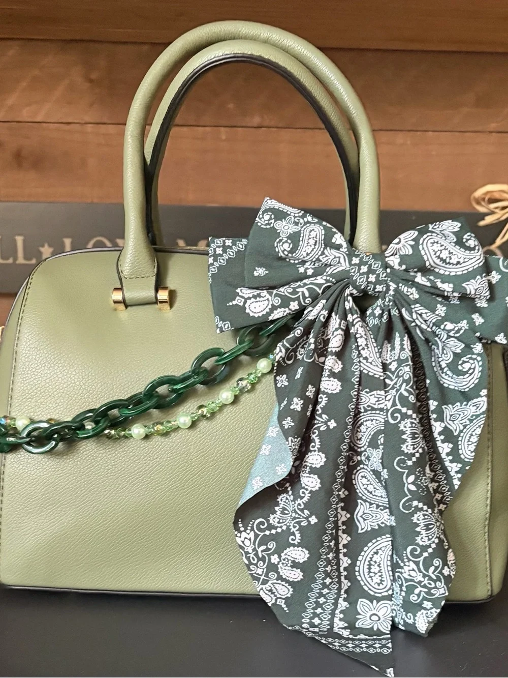 Sage Green Vegan Leather Satchel Crossbody Bag w/ Chain Charm & Bow